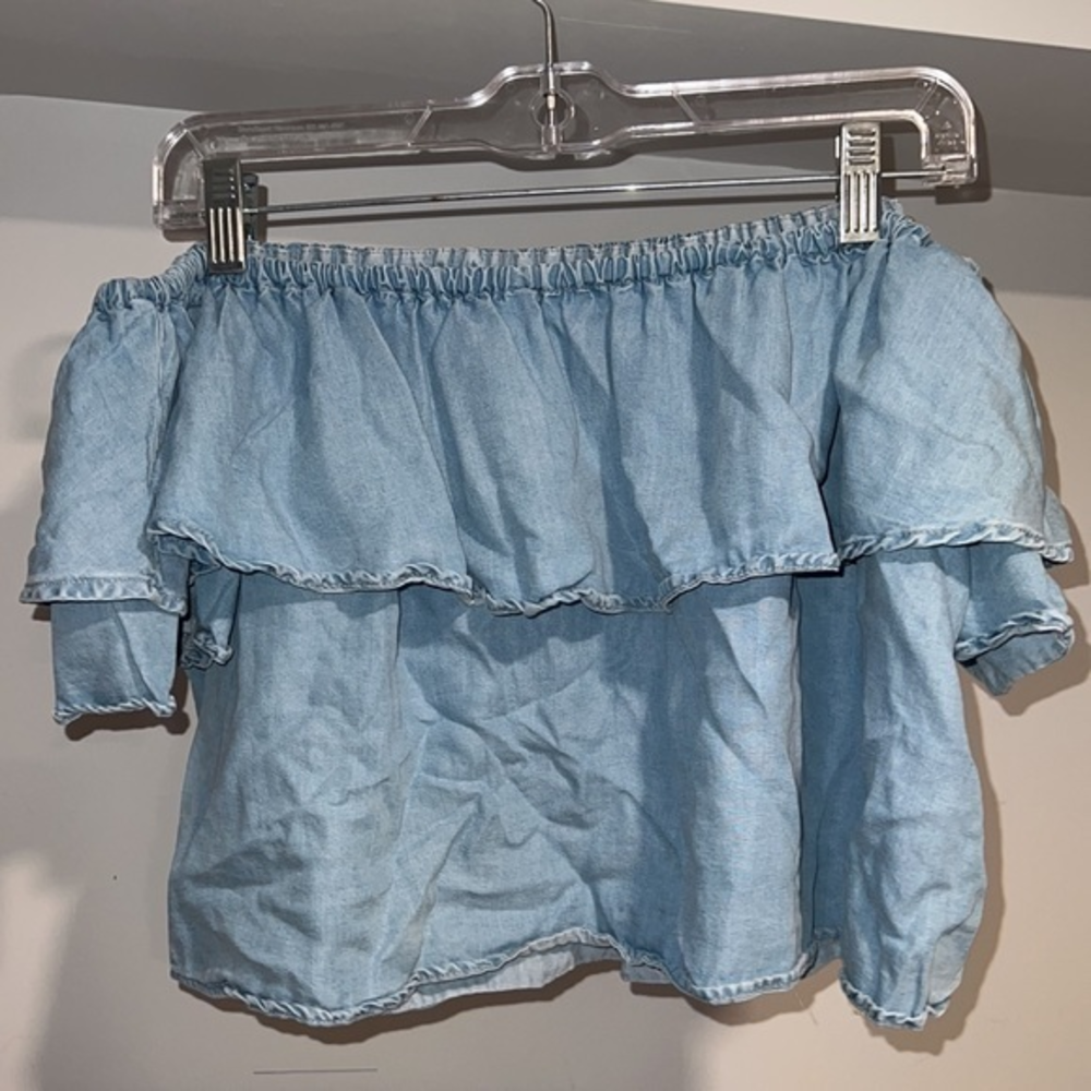 Zara blue off shoulder ruffle top